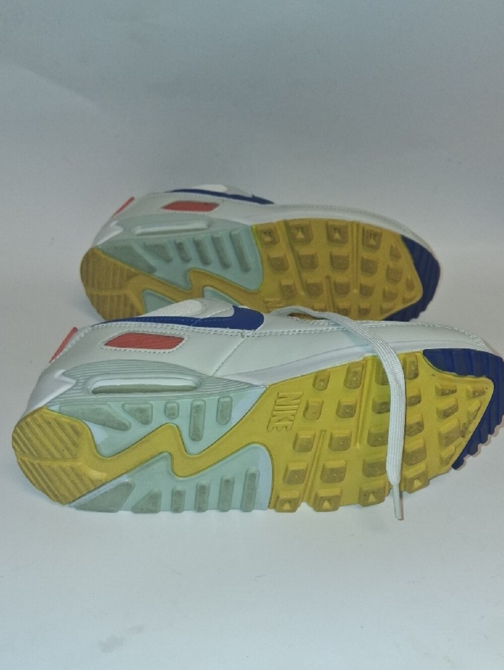 Nike Air Max 90 White Athletic Sneakers with Blue Swoosh and Yellow & Coral - Picture 7 of 7